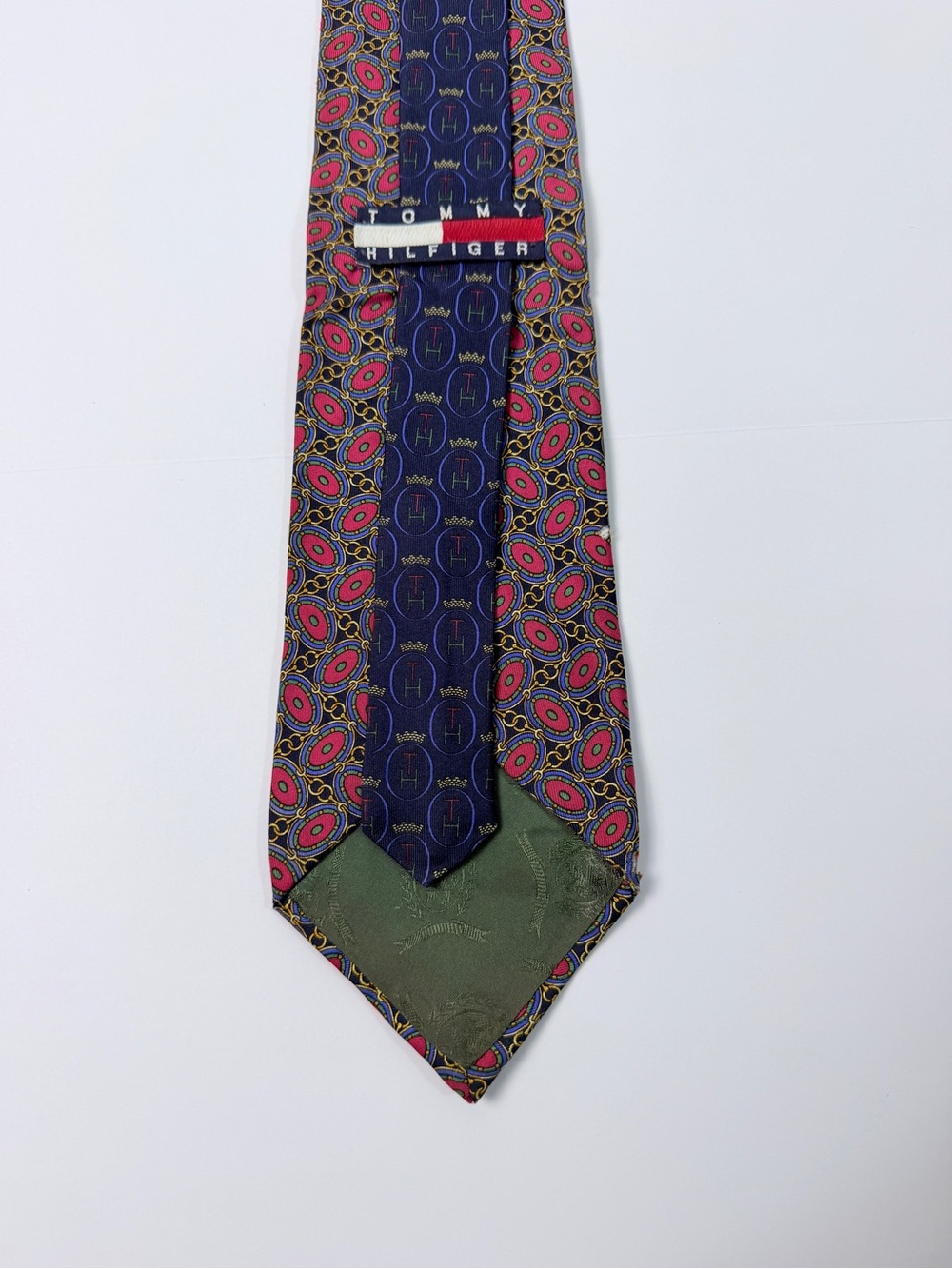 Tommy Hilfiger Men’s Silk Necktie Blue Pink Geometric Chain Pattern Vintage